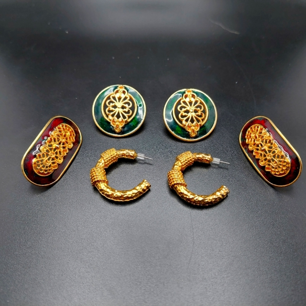 3 Pairs of Gold Tone Pierced Earrings